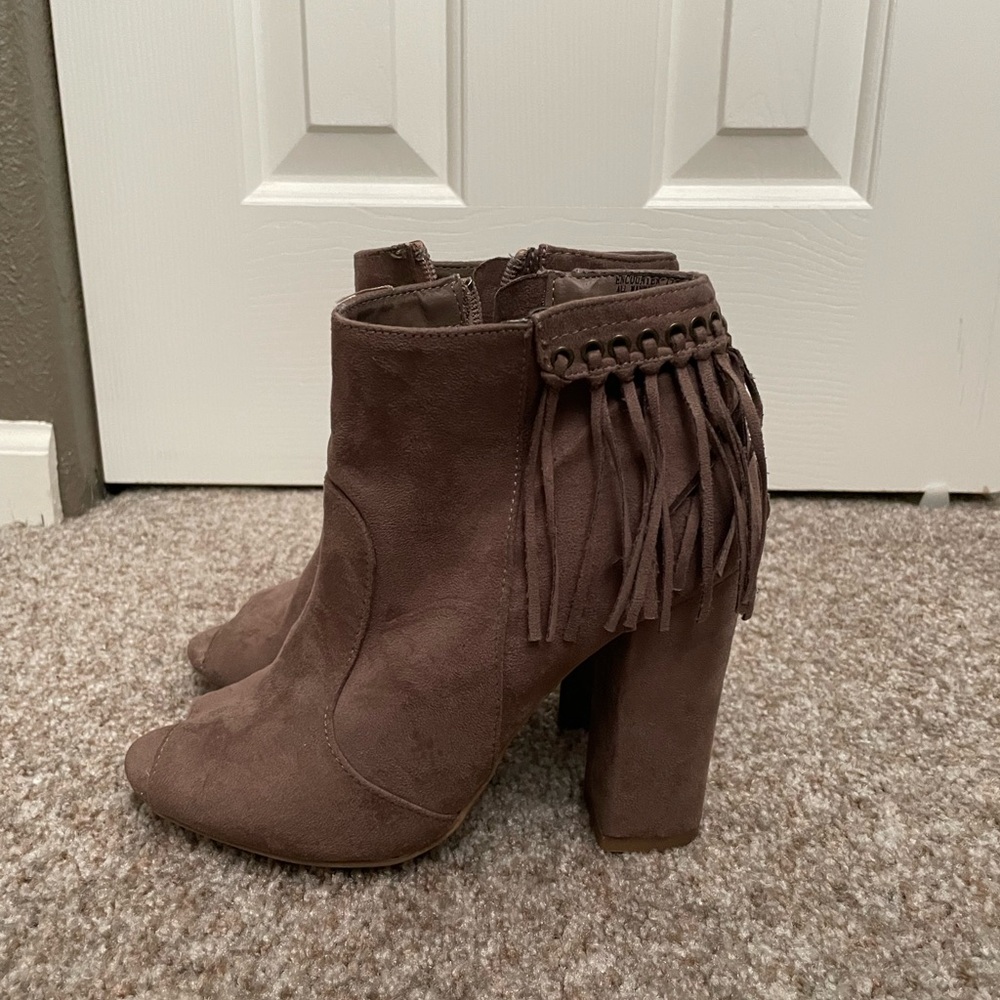 LIKE NEW Fringe Suede Peep Toe Booties
